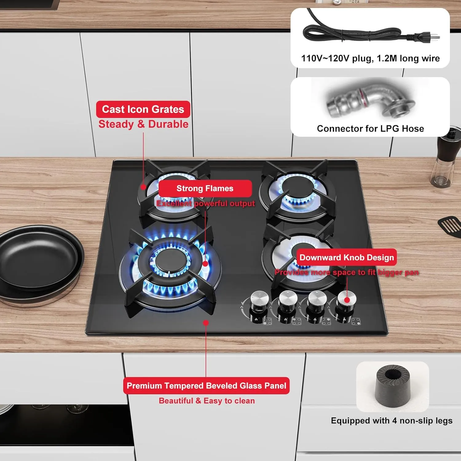 4 Burner Gas Stove Cooktop 24in, Glass Top Built-in Gas Cooking Hob, NG/LPG Compatible or use with Propane or Neutral Gas