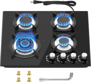4 Burner Gas Stove Cooktop 24in, Glass Top Built-in Gas Cooking Hob, NG/LPG Compatible or use with Propane or Neutral Gas