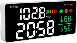 4-in-1 Decibel Meter - WiFi Wall Mounted Sound Level Meter with Digital Clock, Temperature & Humidity Reading - 11 inch Large LED Display - Noise Decibel 30-130 dBA