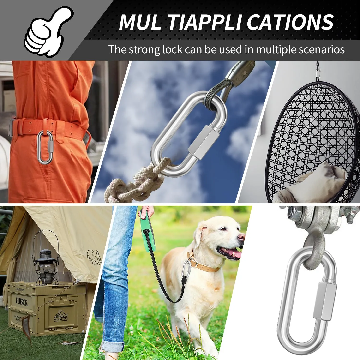 4.24 Inch Stainless Steel Chain Quick Links- 4 Pack 1/2" Locking Carabiners, Chain Hooks, Twist Key Ring Screw Chain Link, 2500 Lbs Capacity