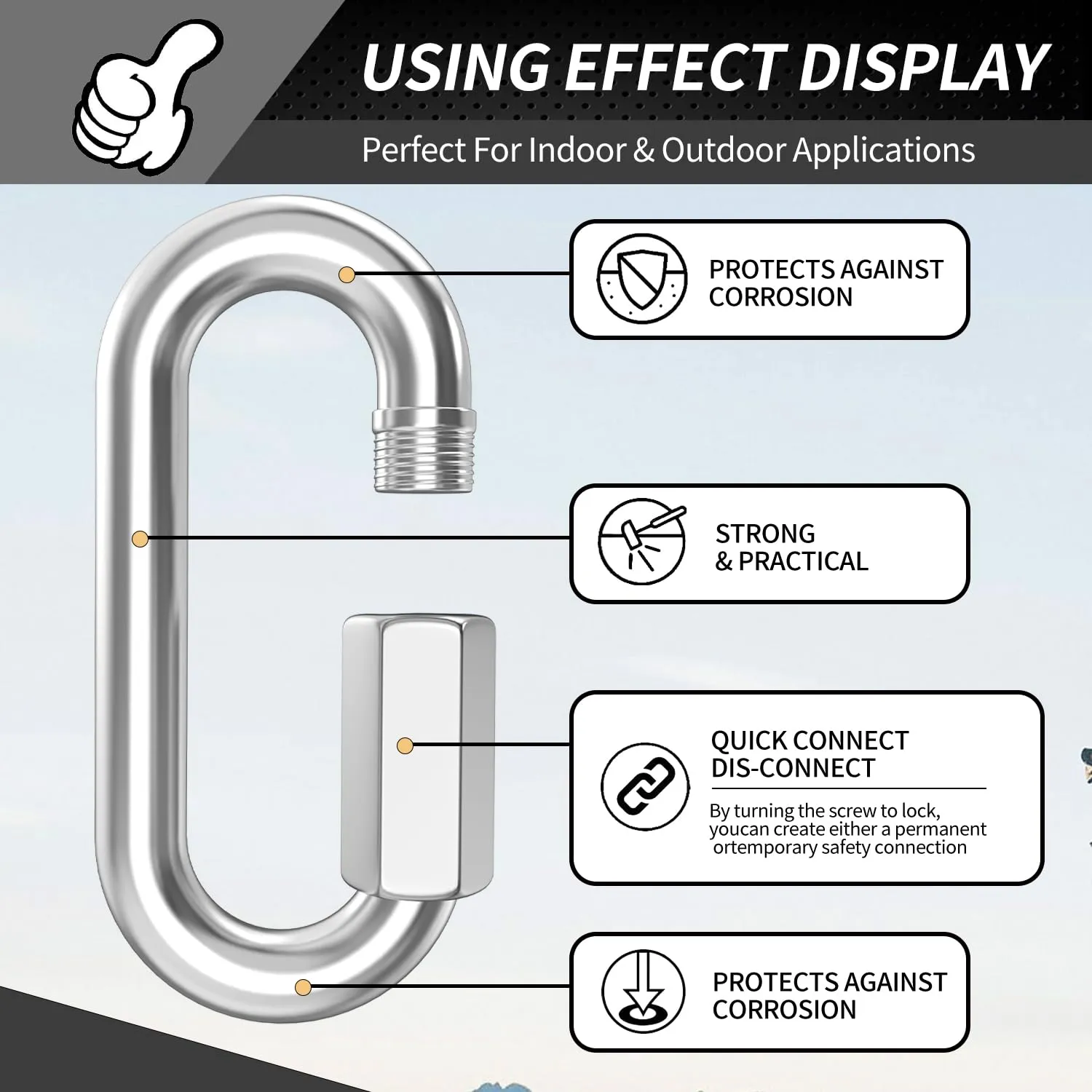 4.24 Inch Stainless Steel Chain Quick Links- 4 Pack 1/2" Locking Carabiners, Chain Hooks, Twist Key Ring Screw Chain Link, 2500 Lbs Capacity