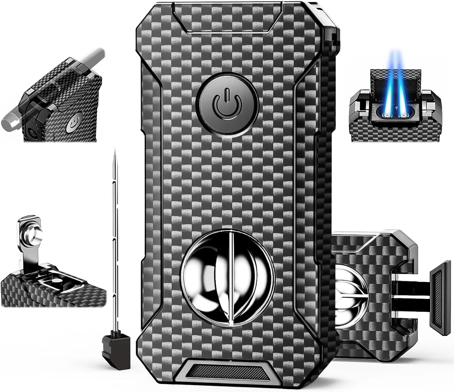 5-in-1 Torch Lighter with Cutter, Punch, Holder, and Draw Enhancer Tool, Adjustable Dual Jet Flames, Trendy Gift for Men, Refillable Butane Lighter, Rechargeable Lighters for Candle, Travel Outdoors