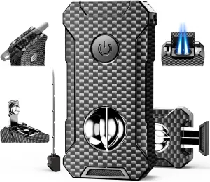 5-in-1 Torch Lighter with Cutter, Punch, Holder, and Draw Enhancer Tool, Adjustable Dual Jet Flames, Trendy Gift for Men, Refillable Butane Lighter, Rechargeable Lighters for Candle, Travel Outdoors