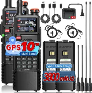 5RH PRO GPS Ham Radio Handheld 10W Long Range Two Way Radio 3800 mAh Battery 640 Channels NOAA Weather Receiver with USB-C Charger Tri Band Antenna for Hunting Gear,2 Pack