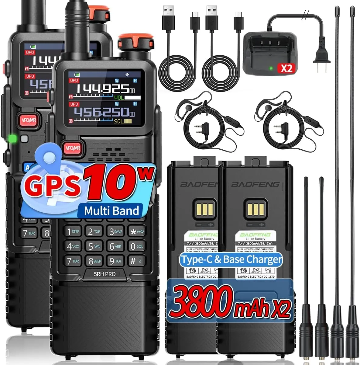 5RH PRO GPS Ham Radio Handheld 10W Long Range Two Way Radio 3800 mAh Battery 640 Channels NOAA Weather Receiver with USB-C Charger Tri Band Antenna for Hunting Gear,2 Pack