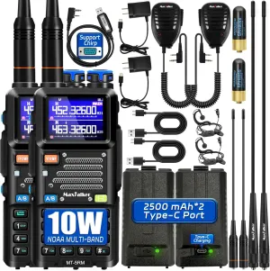 5RM Ham Radio Handheld: 10W MT-5RM Ham Rasios Long Range with NOAA Weather Receiver, Upgraded Antenna,Speaker Mic,Programming Cable,2500mAh Battery Type-C Charging for Work，Camping, 2 Pack
