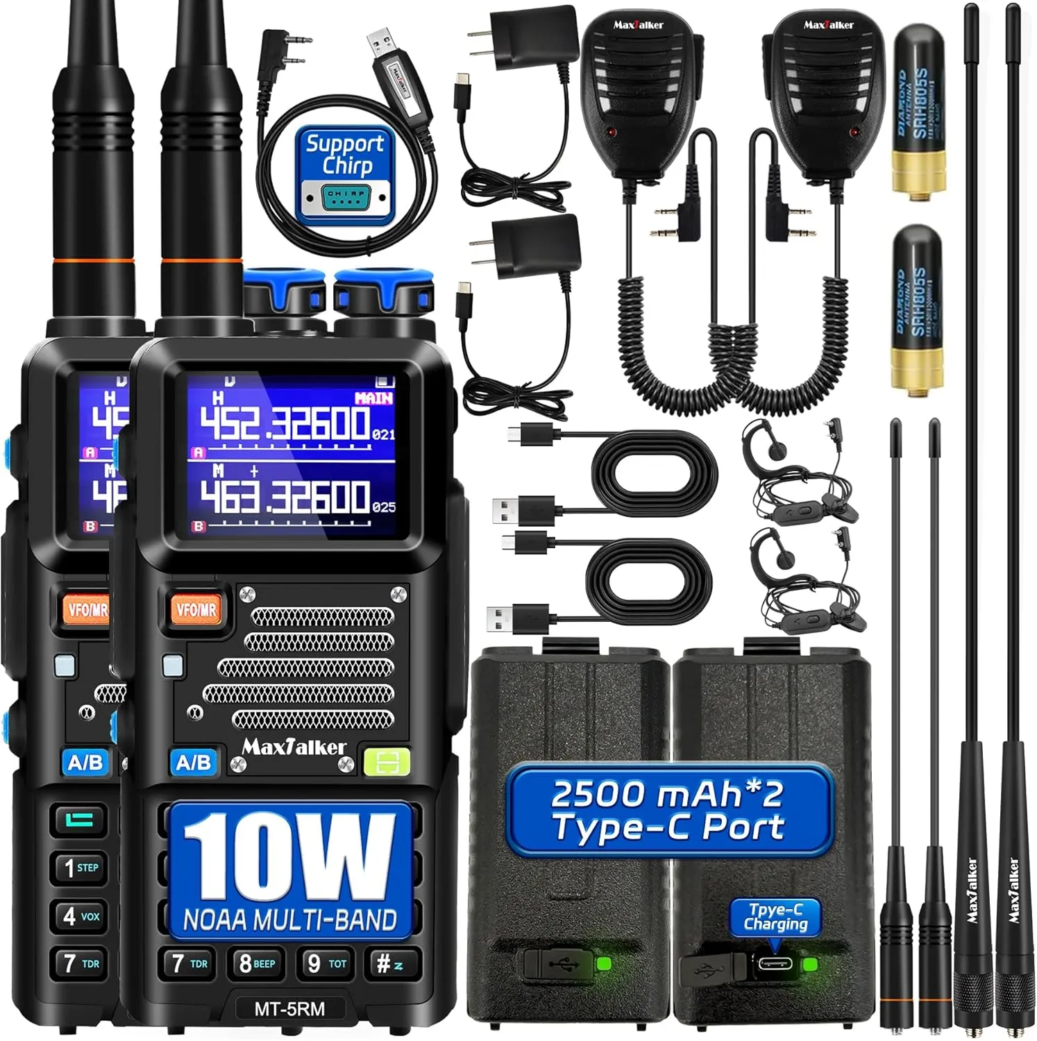 5RM Ham Radio Handheld: 10W MT-5RM Ham Rasios Long Range with NOAA Weather Receiver, Upgraded Antenna,Speaker Mic,Programming Cable,2500mAh Battery Type-C Charging for Work，Camping, 2 Pack