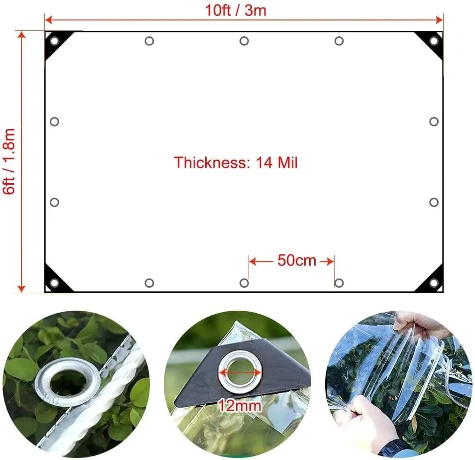 6' x 10' Clear Waterproof Tarp, PVC 14 Mil Tarpaulin with Grommets and a Plastic Rope, Duty Heavy Tear Resistant Cover for Camping, Plants Greenhouse, Cars, Patio and Pavilion（6 x 10 ft ）