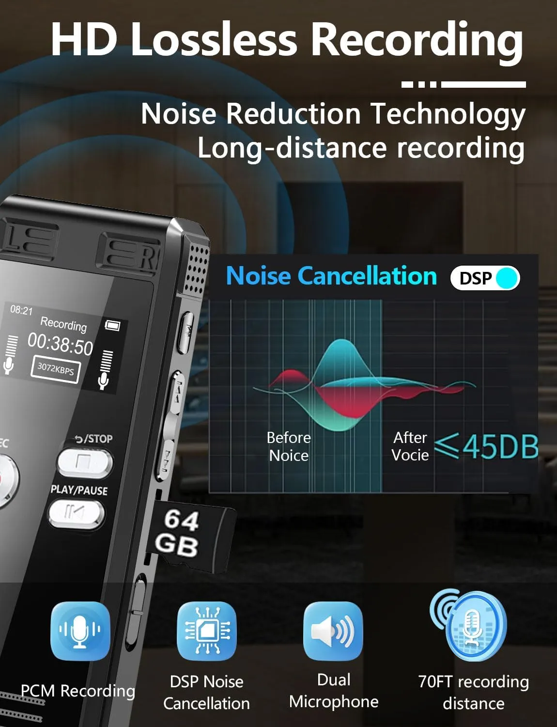 64GB Digital Voice Activated Recorder with Playback - 4552 Hours Audio Recording Device, 3072Kpbs HD Dual MIC Tape Recorder Device for Lecture A-B Repeat, MP3 Player,【64GB TF Card Included】