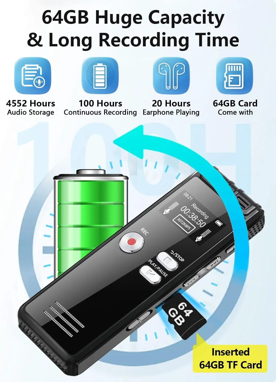 64GB Digital Voice Activated Recorder with Playback - 4552 Hours Audio Recording Device, 3072Kpbs HD Dual MIC Tape Recorder Device for Lecture A-B Repeat, MP3 Player,【64GB TF Card Included】