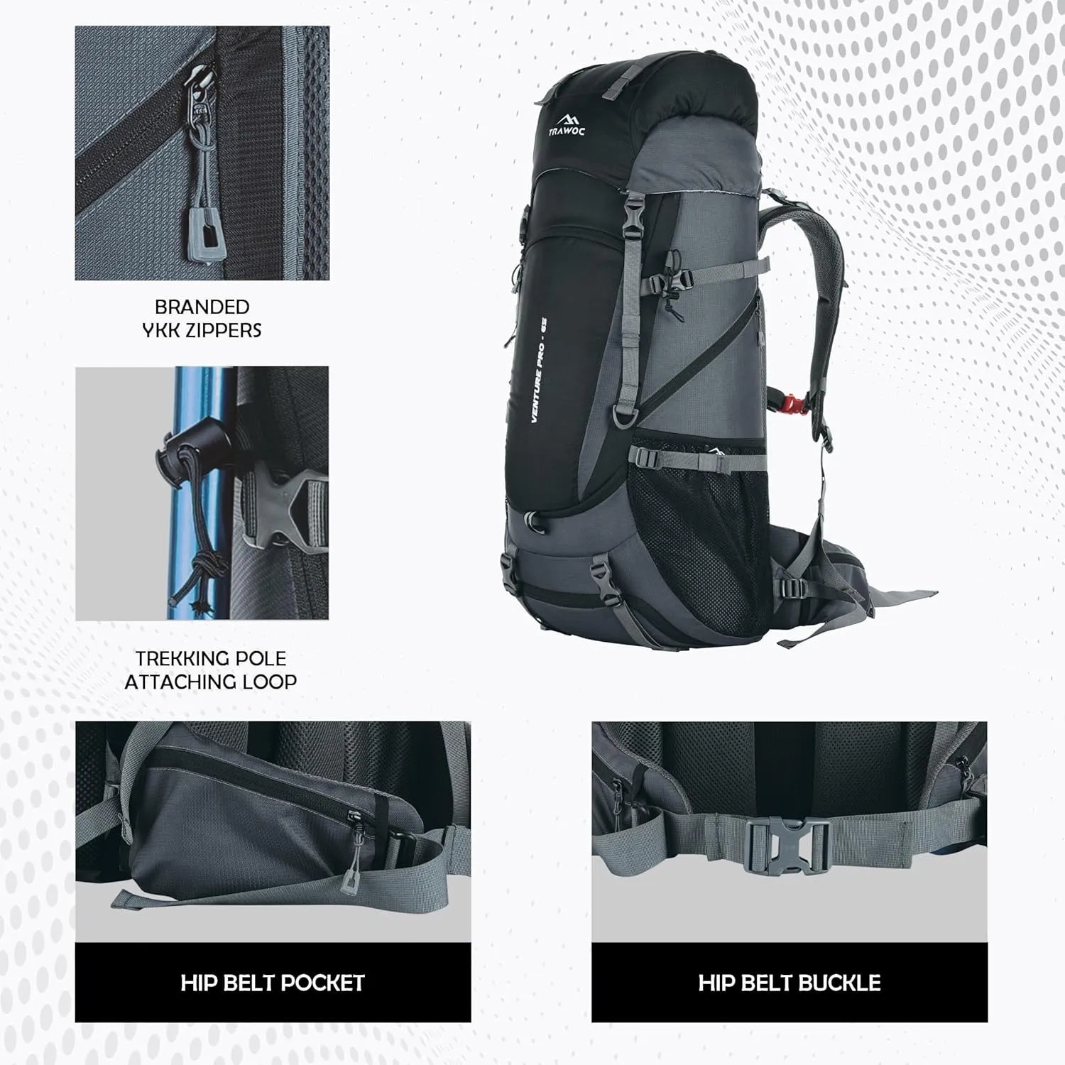 65L Travel Backpack for Outdoor Sport Camp Hiking Trekking Bag Camping Rucksack HK011 1 Year Warranty… (Grey) …