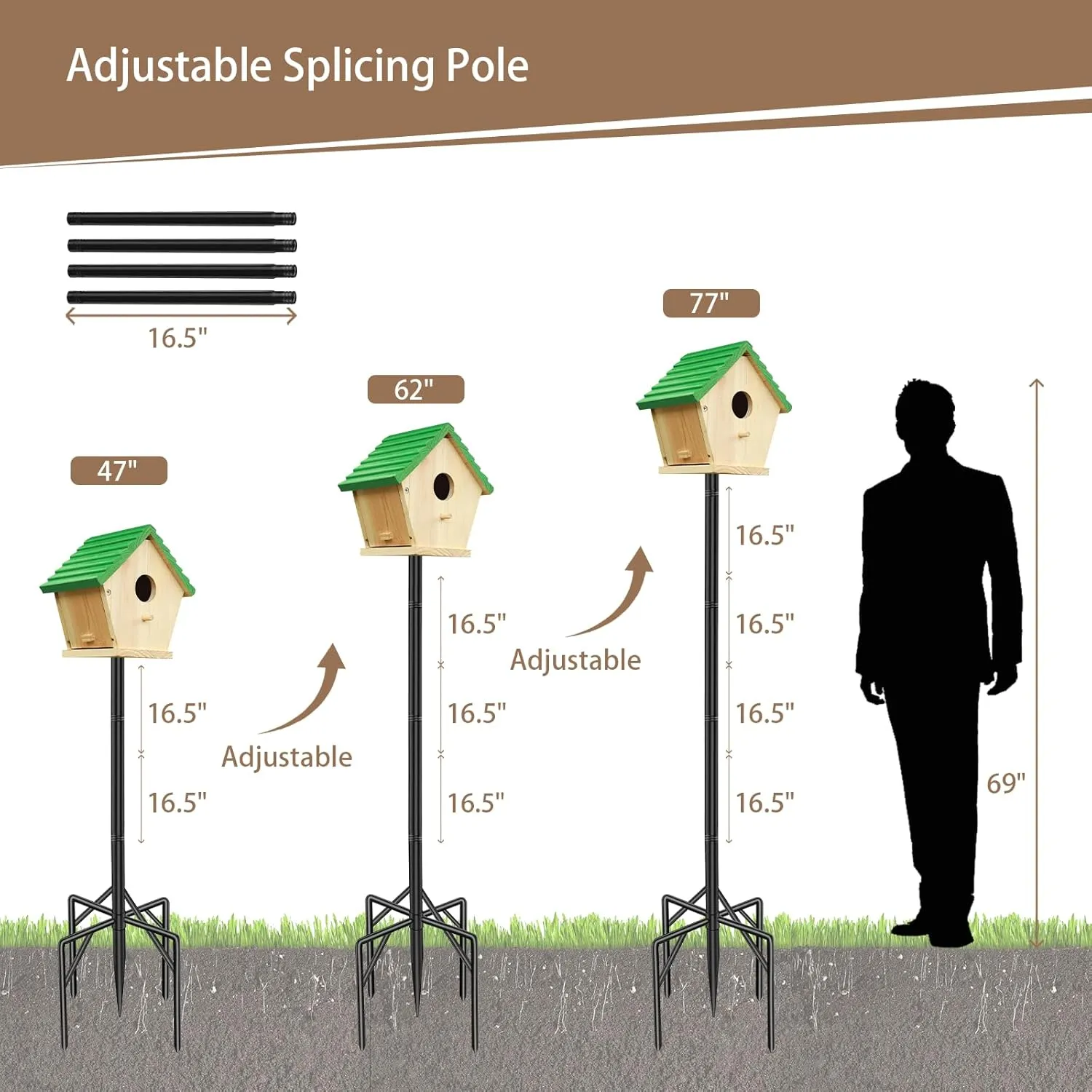 77 Inch Heavy Duty Birdhouse Pole for Outdoors with 5-Prong Base, Rust-Proof Metal Bird Feeder Stand/Post, Adjustable Bird Feeders Poles, Weather Station Mounting Kit (Birdhouse Not Included)