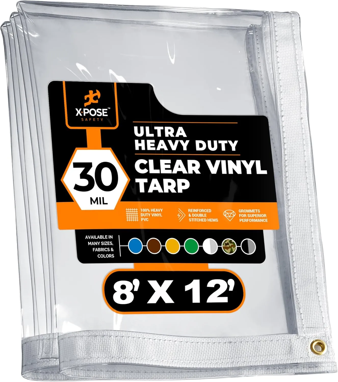 8' x 12' Clear Vinyl Tarp - 30 Mil Super Heavy Duty Transparent Waterproof PVC Tarpaulin with Brass Grommets - for Patio Enclosure, Temporary Wall, Camping, Tent Cover, Canopy - by Xpose Safety