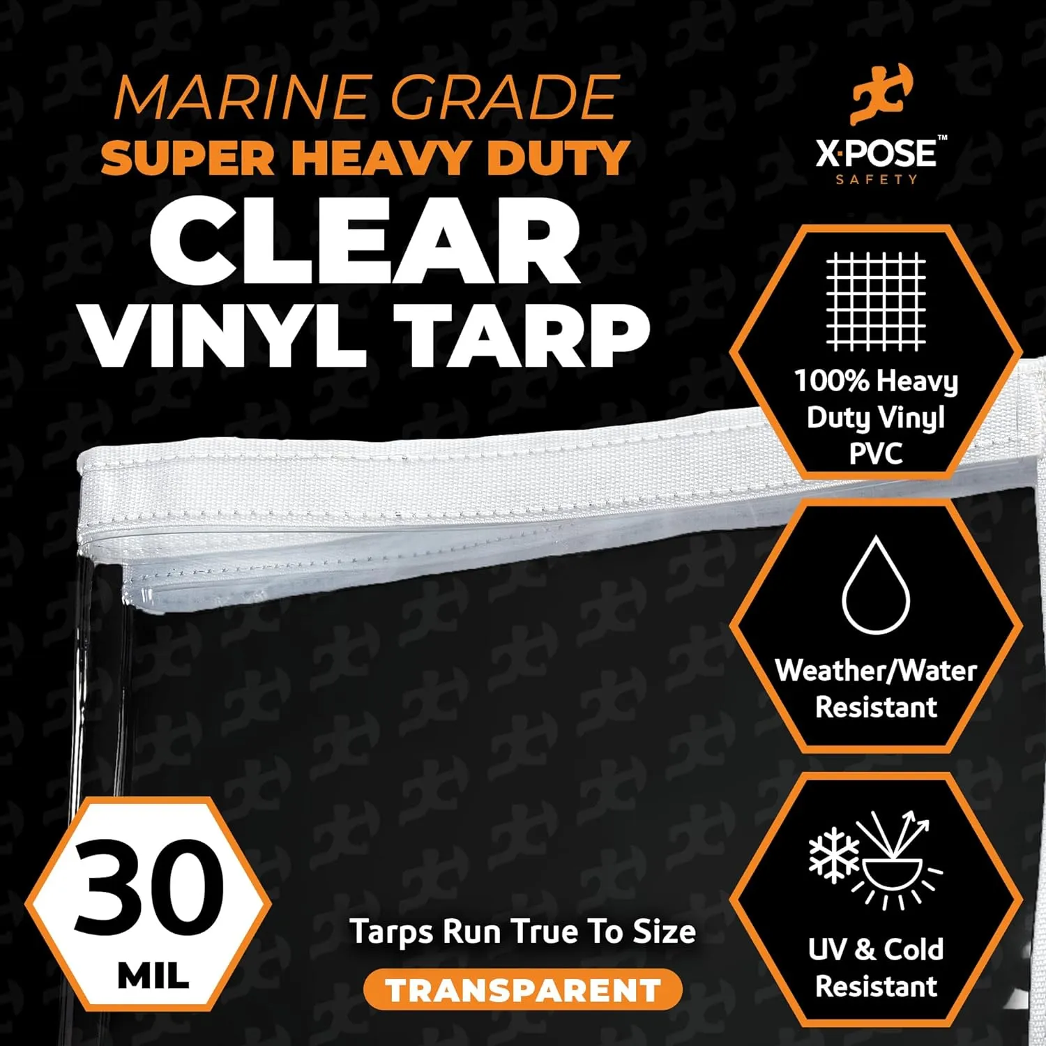 8' x 12' Clear Vinyl Tarp - 30 Mil Super Heavy Duty Transparent Waterproof PVC Tarpaulin with Brass Grommets - for Patio Enclosure, Temporary Wall, Camping, Tent Cover, Canopy - by Xpose Safety