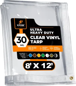 8' x 12' Clear Vinyl Tarp - 30 Mil Super Heavy Duty Transparent Waterproof PVC Tarpaulin with Brass Grommets - for Patio Enclosure, Temporary Wall, Camping, Tent Cover, Canopy - by Xpose Safety