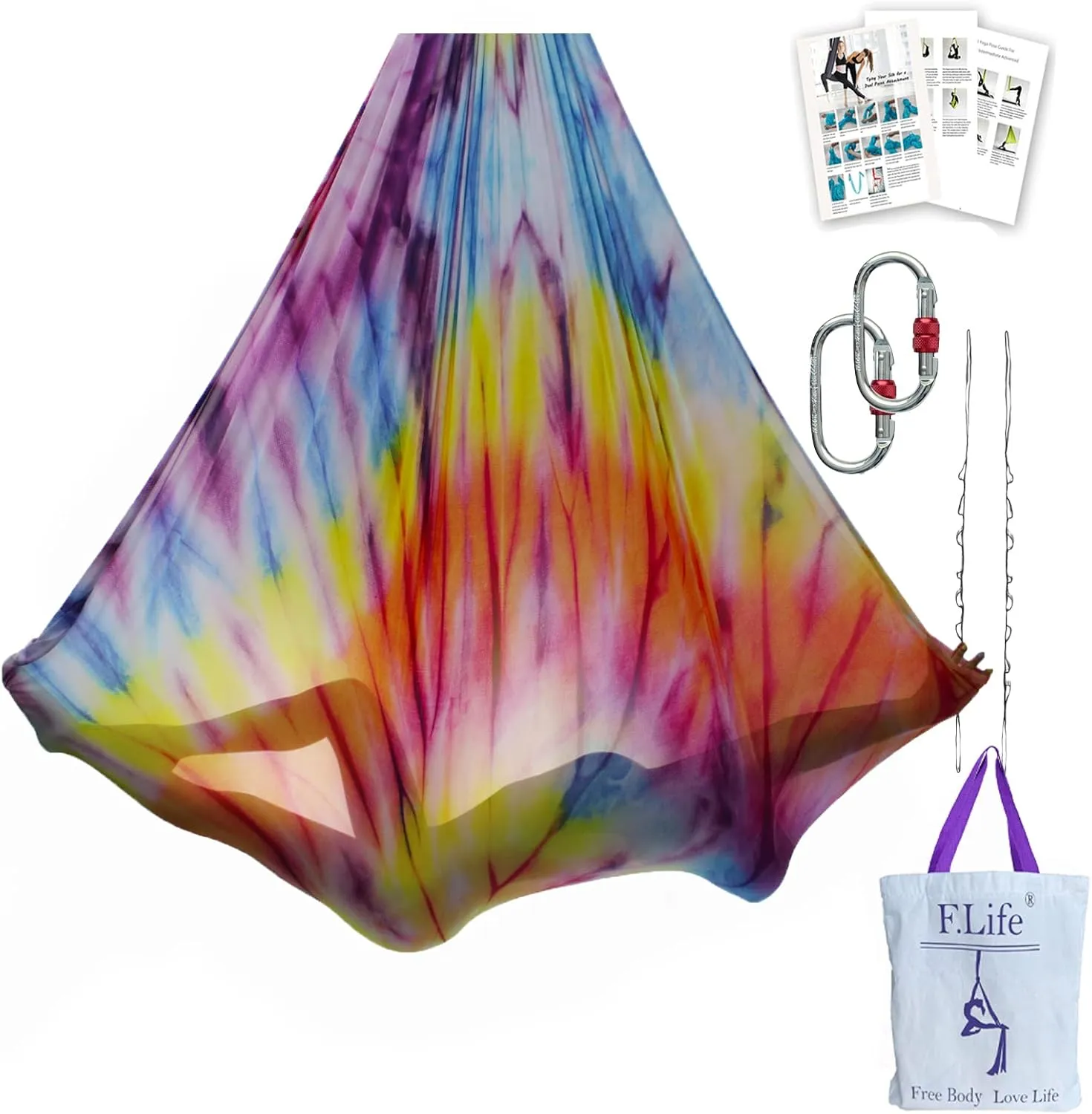 Aerial Yoga Hammock kit- Yoga Swing Multicolor 5 yards-Flying Yoga Include Daisy Chain,Carabiner and Pose Guide