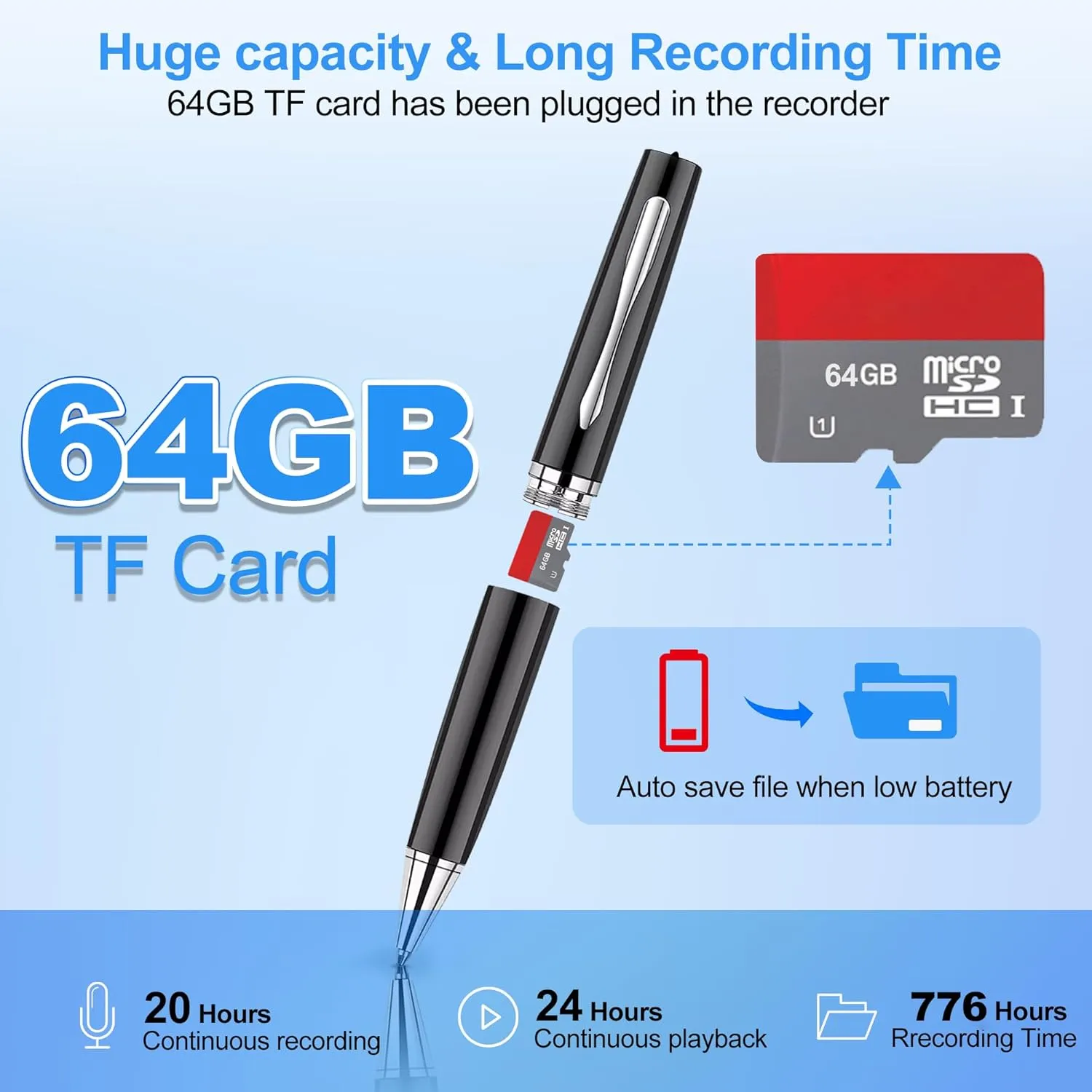 AI Digital Voice Recorder - 64GB Voice Activated Recorder with Playback, AI-Intelligent Noise Reduction Mp3 Player, Audio Recorder Device for Meeting, Course, Lectures, Interviews