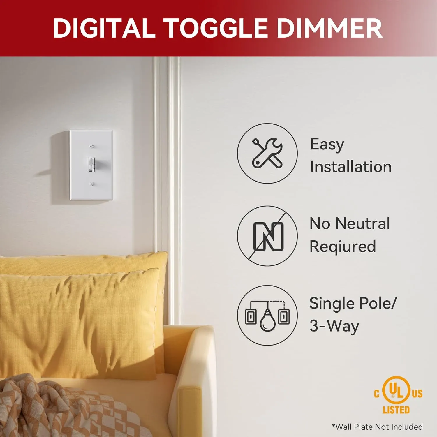 AIDA Toggle Slide Dimmer Switch for Dimmable LED Light/CFL/Incandescent 600 Watt max, Single-Pole or 3-Way, Rocker On/Off Wall Switch with Dimmer Slider, Wall Plate NOT Included, UL Listed, 10 Pack
