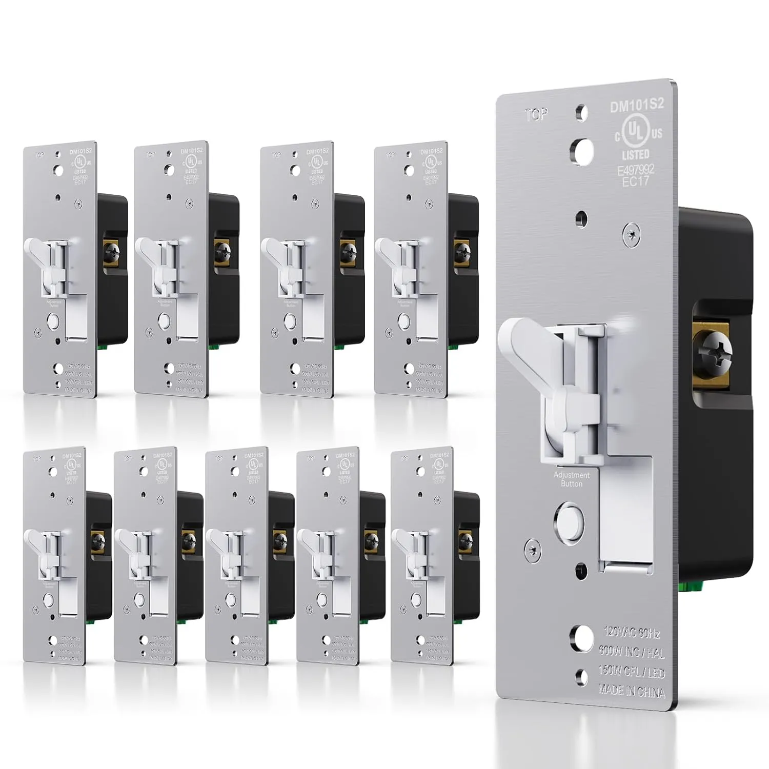 AIDA Toggle Slide Dimmer Switch for Dimmable LED Light/CFL/Incandescent 600 Watt max, Single-Pole or 3-Way, Rocker On/Off Wall Switch with Dimmer Slider, Wall Plate NOT Included, UL Listed, 10 Pack