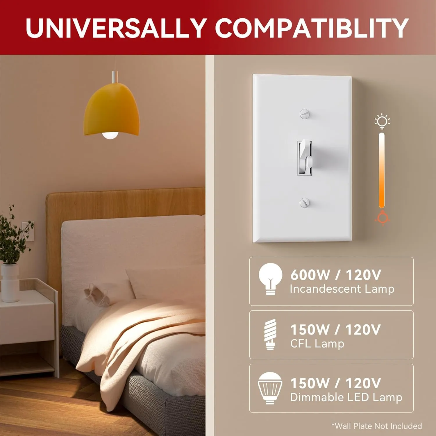 AIDA Toggle Slide Dimmer Switch for Dimmable LED Light/CFL/Incandescent 600 Watt max, Single-Pole or 3-Way, Rocker On/Off Wall Switch with Dimmer Slider, Wall Plate NOT Included, UL Listed, 10 Pack