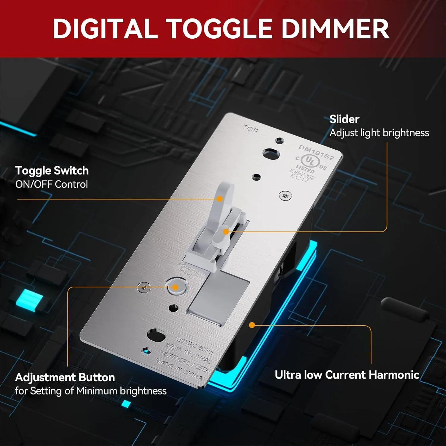 AIDA Toggle Slide Dimmer Switch for Dimmable LED Light/CFL/Incandescent 600 Watt max, Single-Pole or 3-Way, Rocker On/Off Wall Switch with Dimmer Slider, Wall Plate NOT Included, UL Listed, 10 Pack