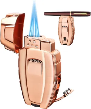 All-in-One Rose Gold Torch Lighter with Adjustable Dual-Flame, Hole Punch, Accessories Holder, Gorgeous Festival Gift, Windproof Refillable Butane Cool Lighters for Travel, Candles, Outdoors