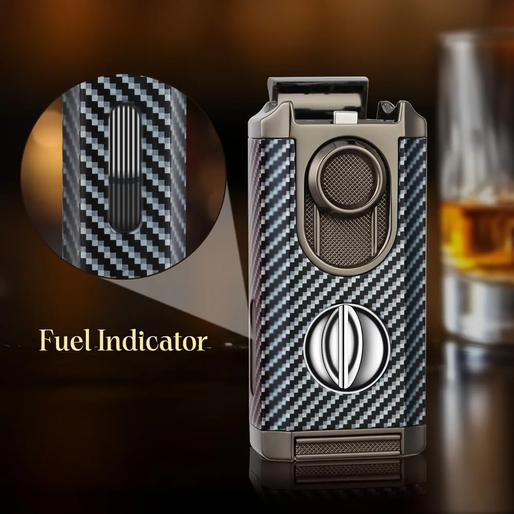 All-in-One Triple Torch Lighter, Built-in V Cutter, Holder, Adjustable Windproof Jet Flames Lighter, Refillable Butane Design, Ideal Gift for Men with Gift Box (Butane not Included) (Carbon Fiber)