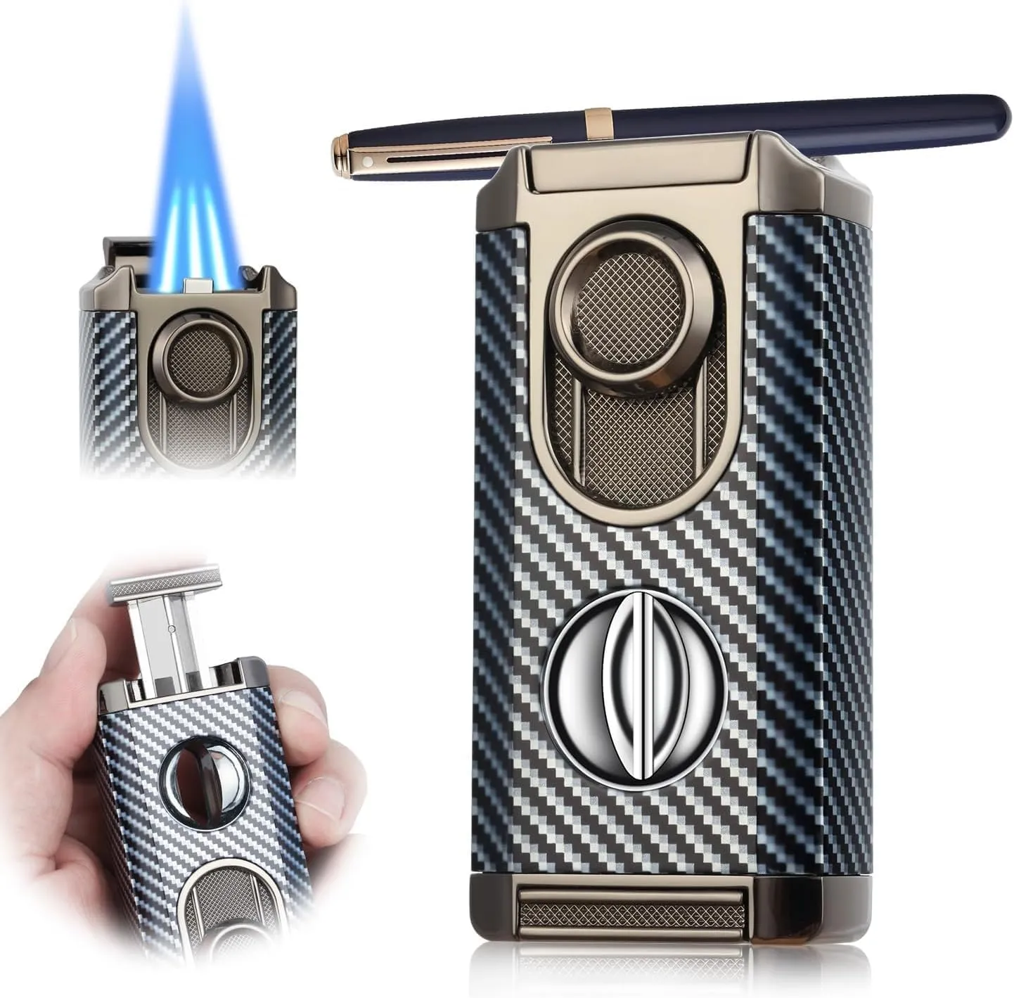 All-in-One Triple Torch Lighter, Built-in V Cutter, Holder, Adjustable Windproof Jet Flames Lighter, Refillable Butane Design, Ideal Gift for Men with Gift Box (Butane not Included) (Carbon Fiber)