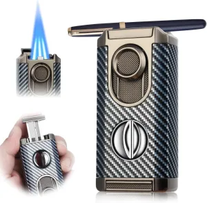 All-in-One Triple Torch Lighter, Built-in V Cutter, Holder, Adjustable Windproof Jet Flames Lighter, Refillable Butane Design, Ideal Gift for Men with Gift Box (Butane not Included) (Carbon Fiber)