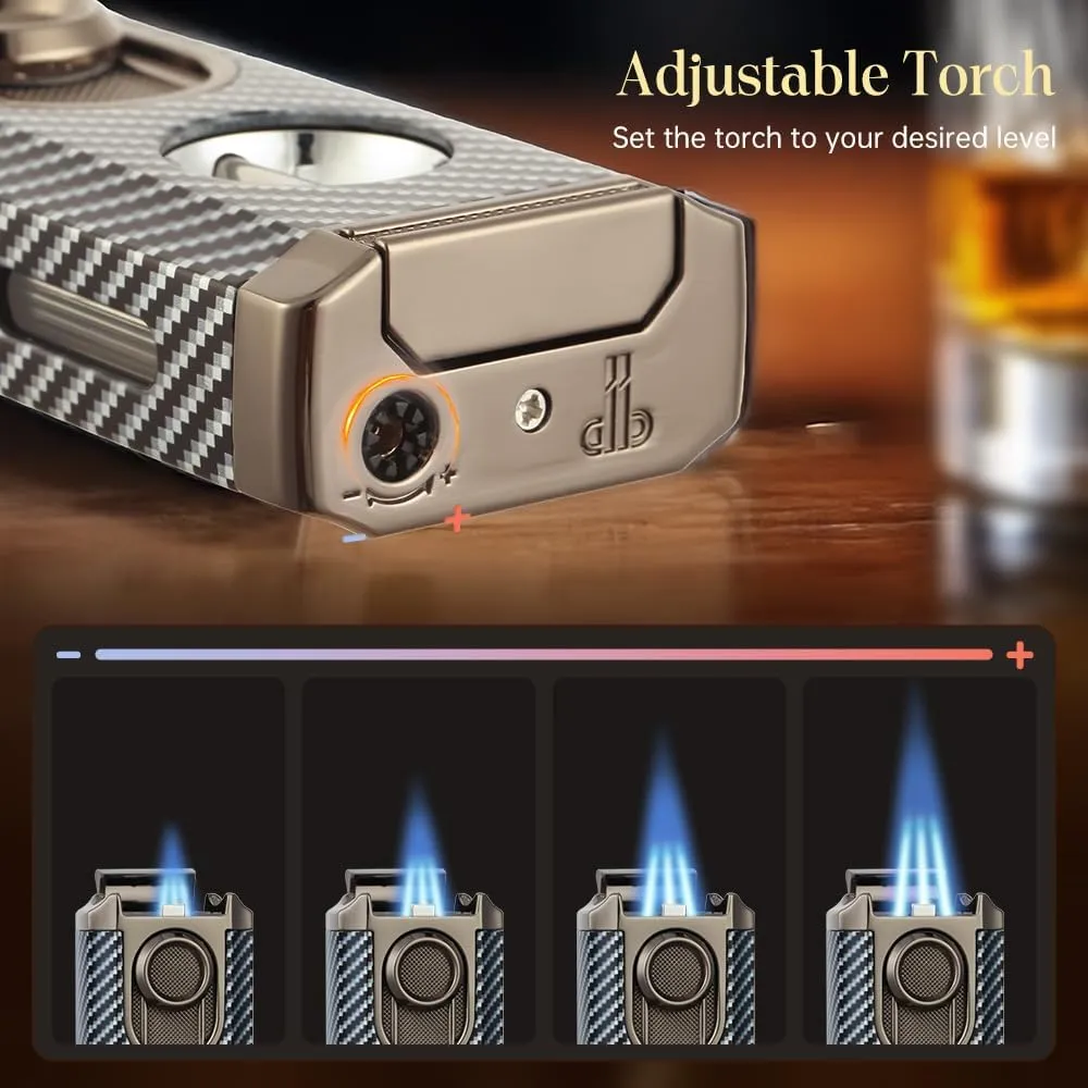 All-in-One Triple Torch Lighter, Built-in V Cutter, Holder, Adjustable Windproof Jet Flames Lighter, Refillable Butane Design, Ideal Gift for Men with Gift Box (Butane not Included) (Carbon Fiber)