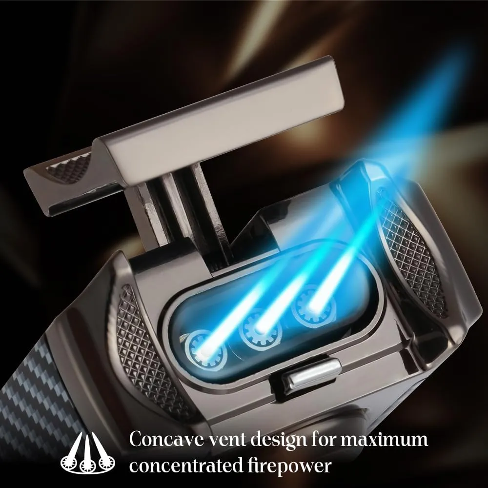 All-in-One Triple Torch Lighter, Built-in V Cutter, Holder, Adjustable Windproof Jet Flames Lighter, Refillable Butane Design, Ideal Gift for Men with Gift Box (Butane not Included) (Carbon Fiber)