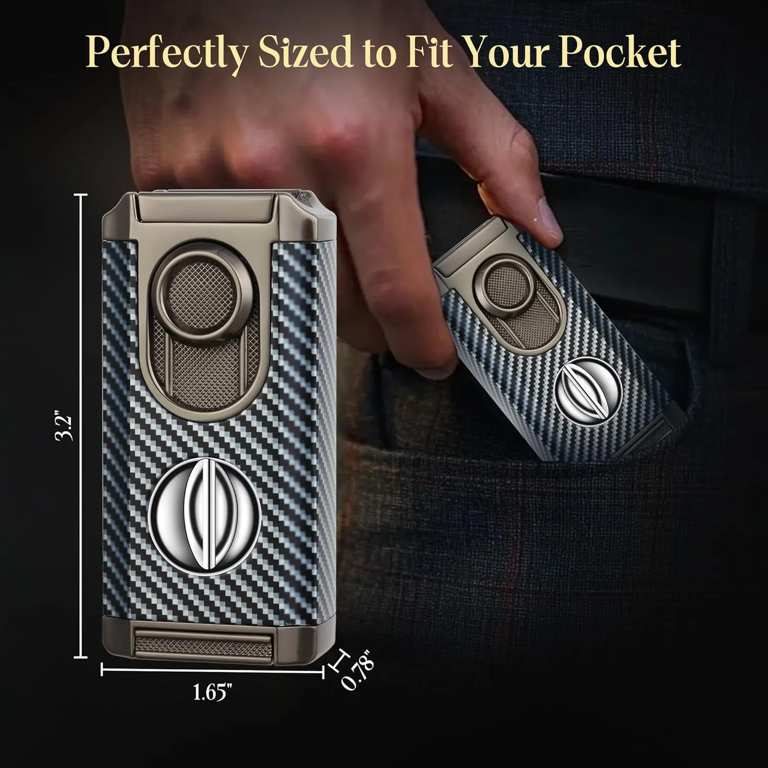 All-in-One Triple Torch Lighter, Built-in V Cutter, Holder, Adjustable Windproof Jet Flames Lighter, Refillable Butane Design, Ideal Gift for Men with Gift Box (Butane not Included) (Carbon Fiber)