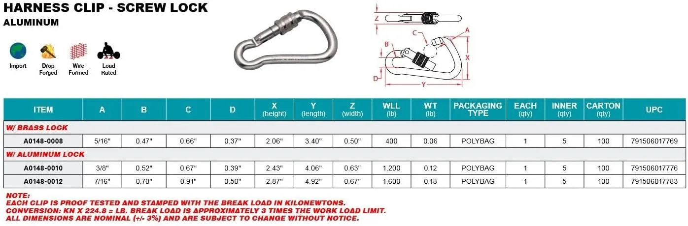 ALUMINUM HARNESS CLIP SCREW LOCK CARABINER, 4"