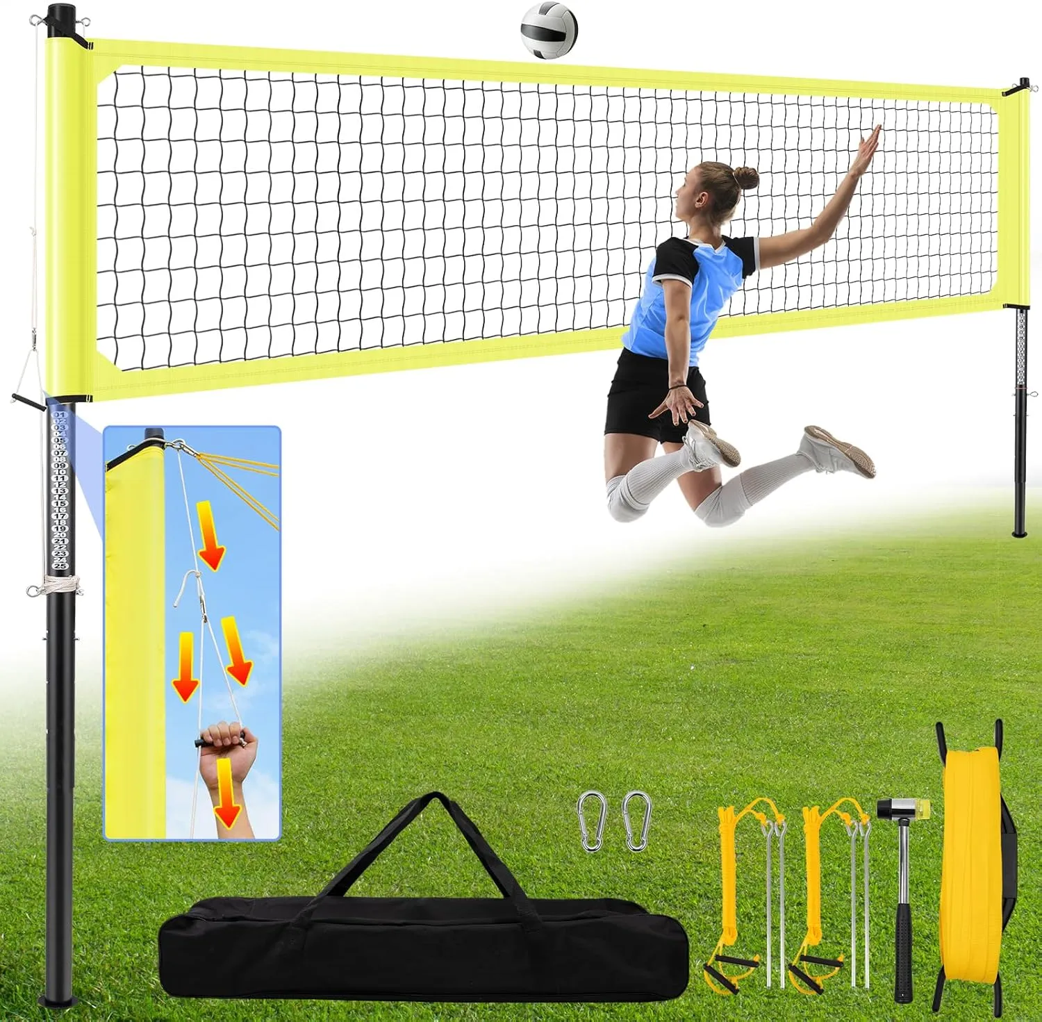 Aluminum Volleyball Net for Backyard, Portable Volleyball Net with Anti-Sag Design, Outdoor Volleyball Net Set with Lengthened Stakes and Boundary Line for Beach and Grass