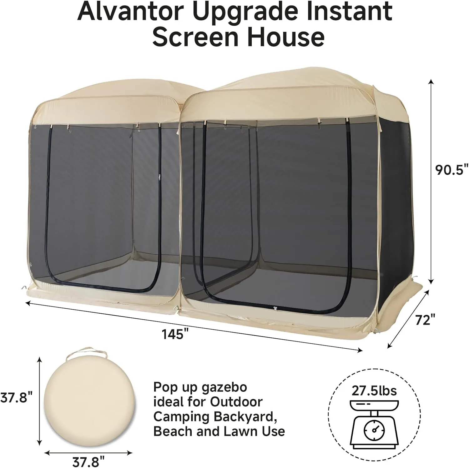 Alvantor Screen House Gazebo, 6-10-15 Person Pop Up Igloo Screened Canopy Tent with Mosquito Netting Sides, Instant UV Resistant Sun Shelter for Garden, Patio, Backyard