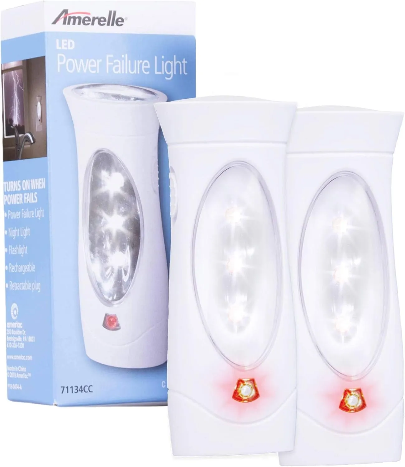 Amerelle LED Emergency Lights For Home Power Failure, 2 Pack – Triple Function Power Failure Light and Plug In Flashlight Combo, With Rechargeable Battery – Be Snow Storm & Hurricane Ready (71134)
