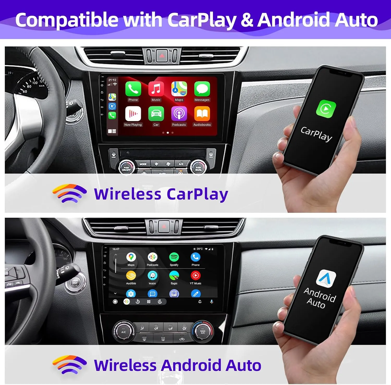 Android Car Radio Compatible with Android Auto Wireless Carplay for Nissan Rogue X-Trail Qashqai 2014-2018 8core 1280X720 Touchscreen Stereo Bluetooth GPS Navigation Head Unit (4GRAM64GROM)