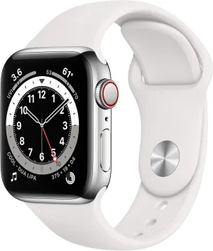 Apple Watch Series 6 (GPS   Cellular, 40mm) - Silver Stainless Steel Case with White Sport Band (Renewed)