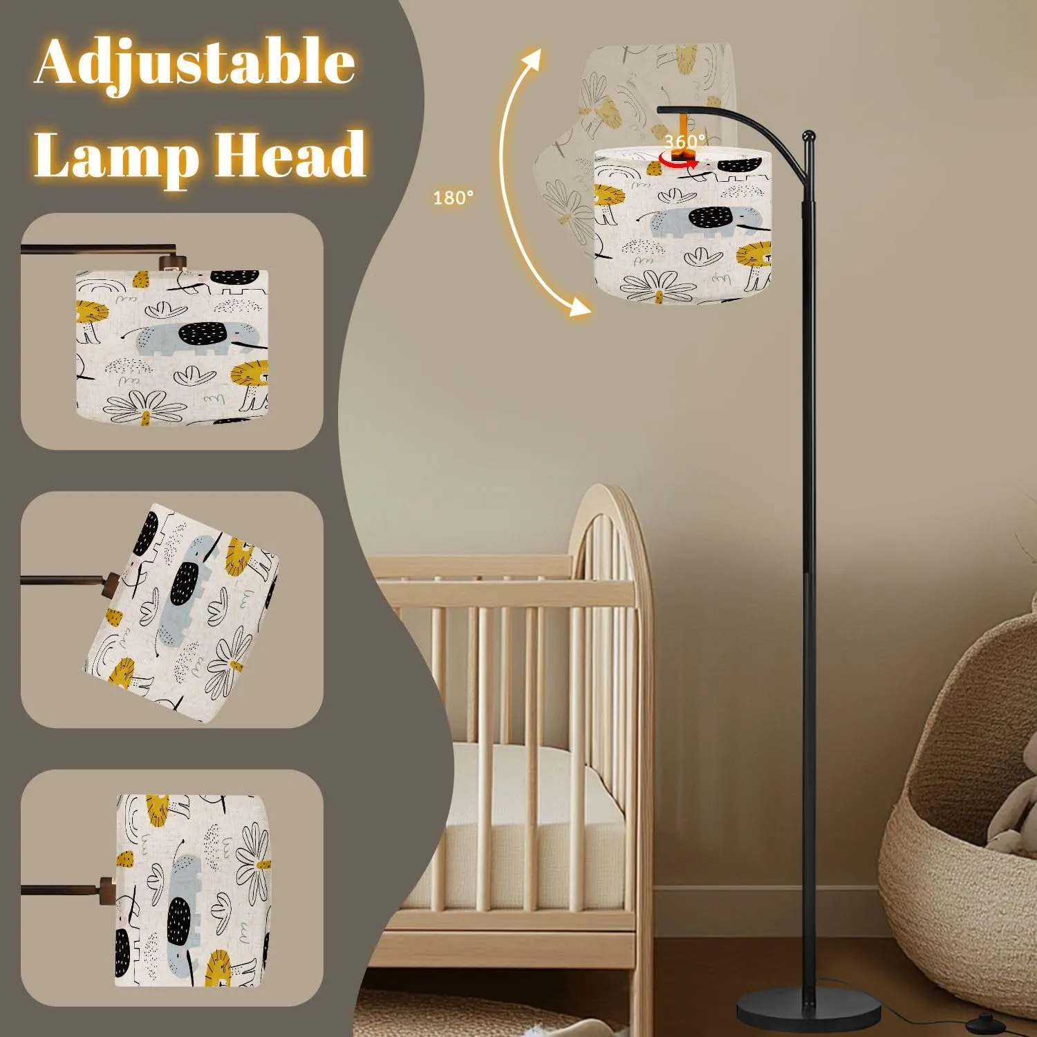 Arc Floor Lamps Seamless Pattern Lion Elephant Palm Trees White for Printing Packaging Modern LED Adjustable Lampshade Standing Light for Living Room Reading Bedroom Office