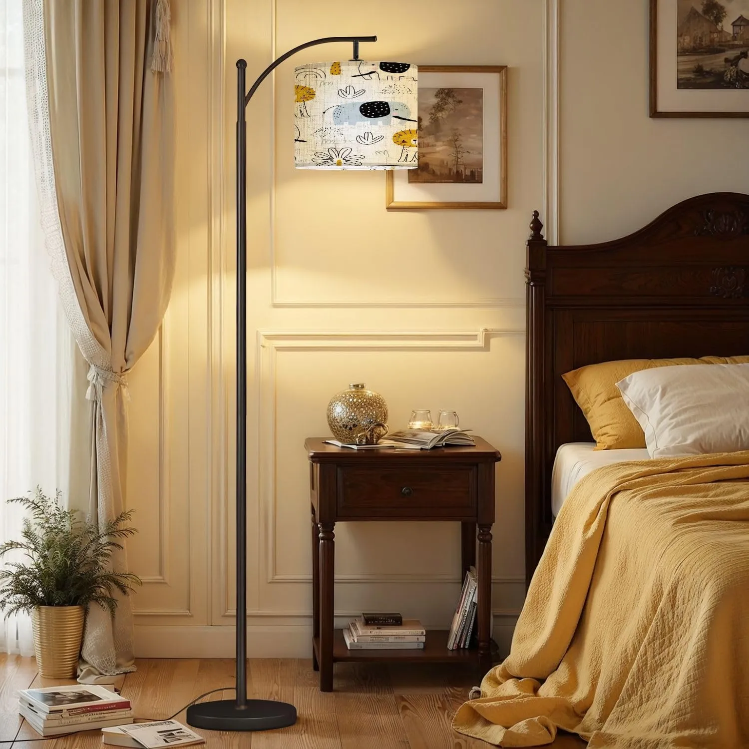Arc Floor Lamps Seamless Pattern Lion Elephant Palm Trees White for Printing Packaging Modern LED Adjustable Lampshade Standing Light for Living Room Reading Bedroom Office