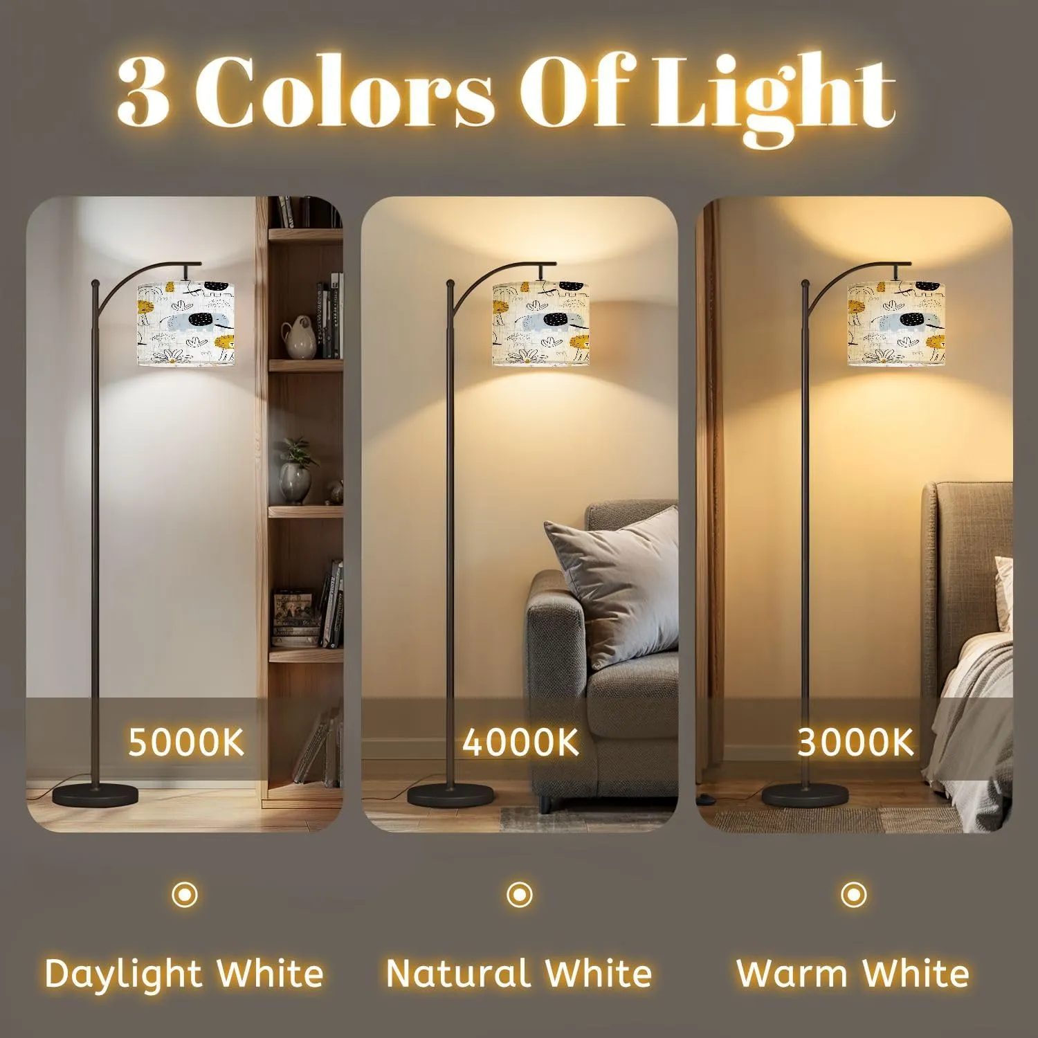 Arc Floor Lamps Seamless Pattern Lion Elephant Palm Trees White for Printing Packaging Modern LED Adjustable Lampshade Standing Light for Living Room Reading Bedroom Office