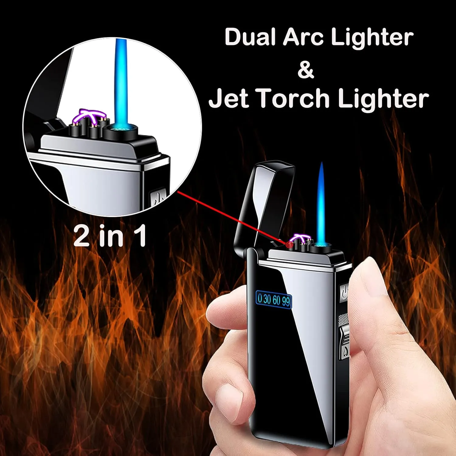 Arc Jet Flame Torch Lighter - Electric, Refillable Butane 2 in 1, USB Rechargeable with Windproof Infinity for Cigar, BBQs, Fireworks, Candle, Camping (Gold Ice)