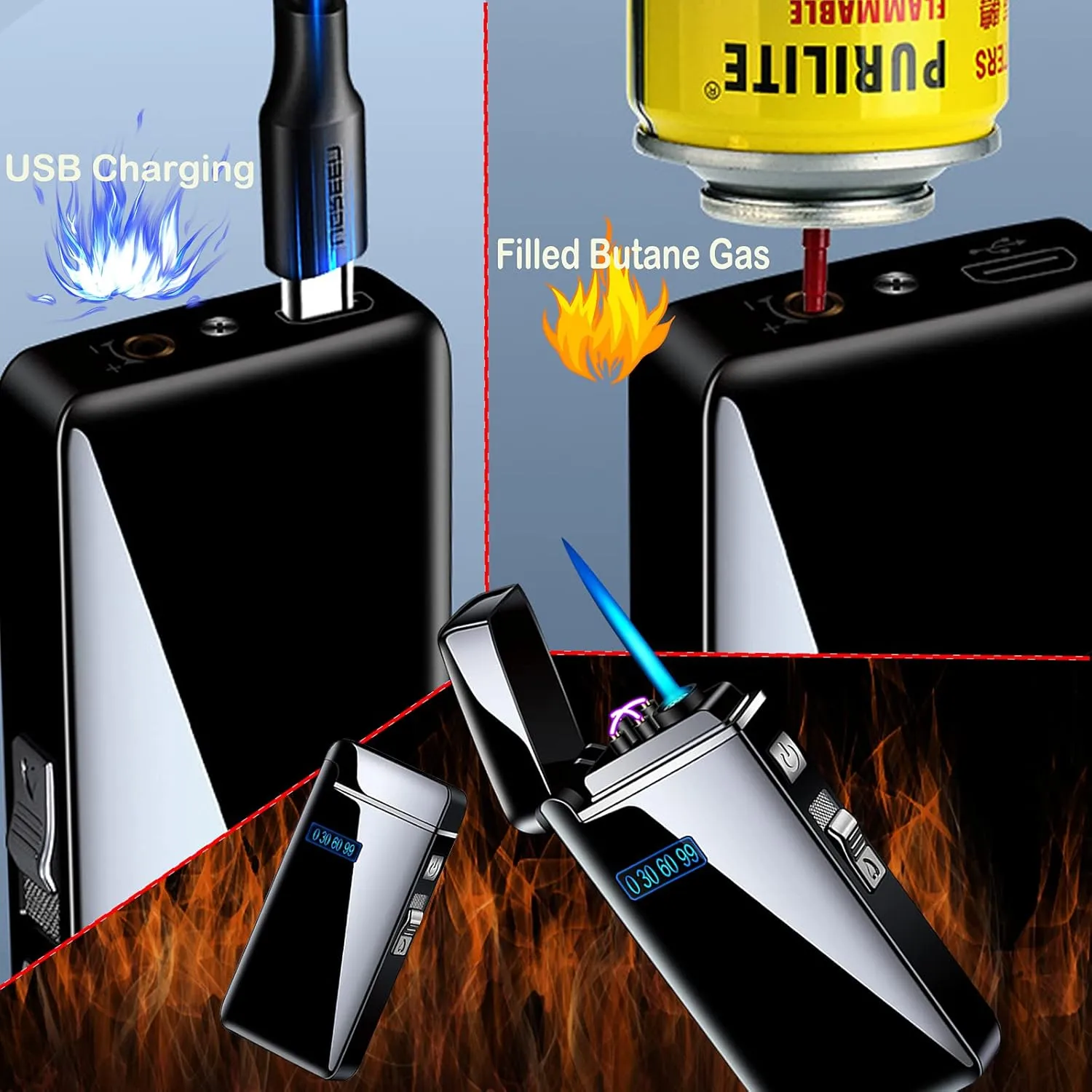 Arc Jet Flame Torch Lighter - Electric, Refillable Butane 2 in 1, USB Rechargeable with Windproof Infinity for Cigar, BBQs, Fireworks, Candle, Camping (Gold Ice)