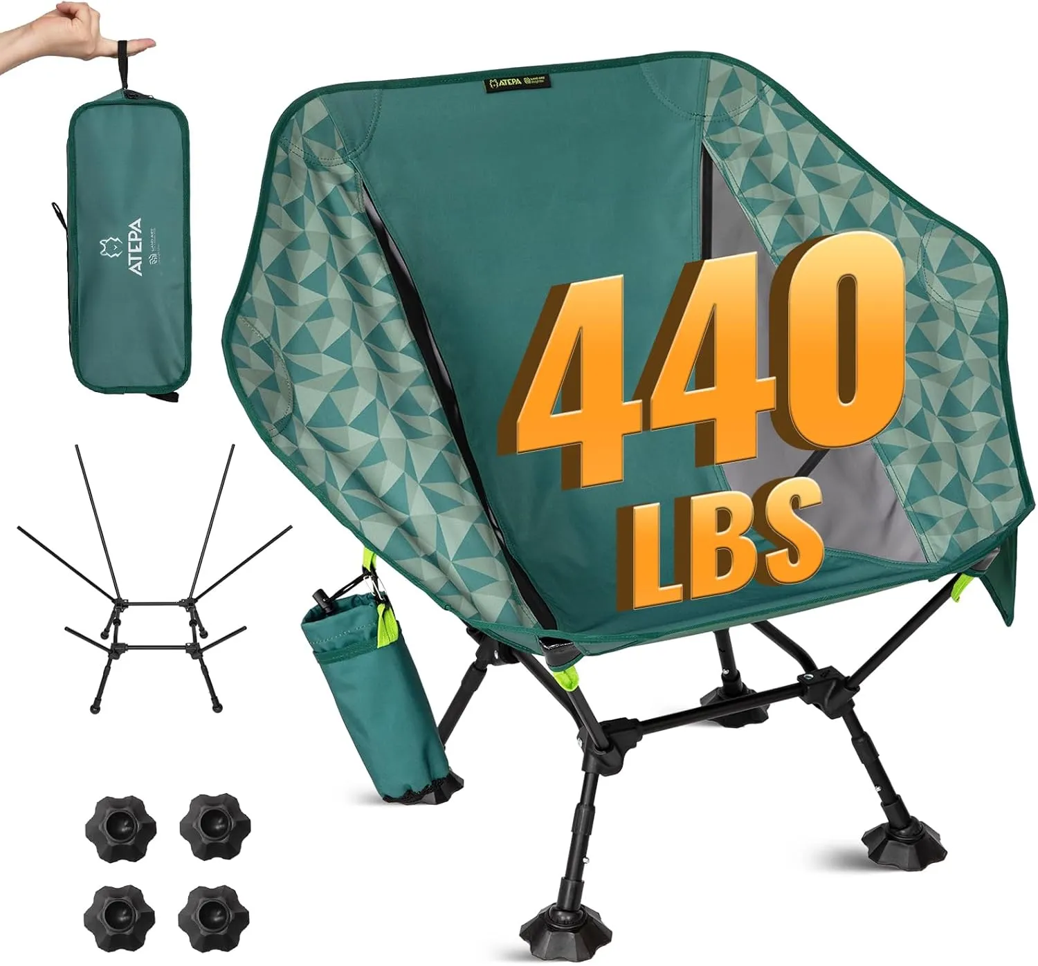 ATEPA Comfortable Camping Chair, 440lbs Heavy Duty UFO Hexagon Ergonomic Backpacking Chairs Portable Folding Height Adjustable Seat with Big Anti-Sinking Feet Side Pocket & Carabiner for Hiking Travel