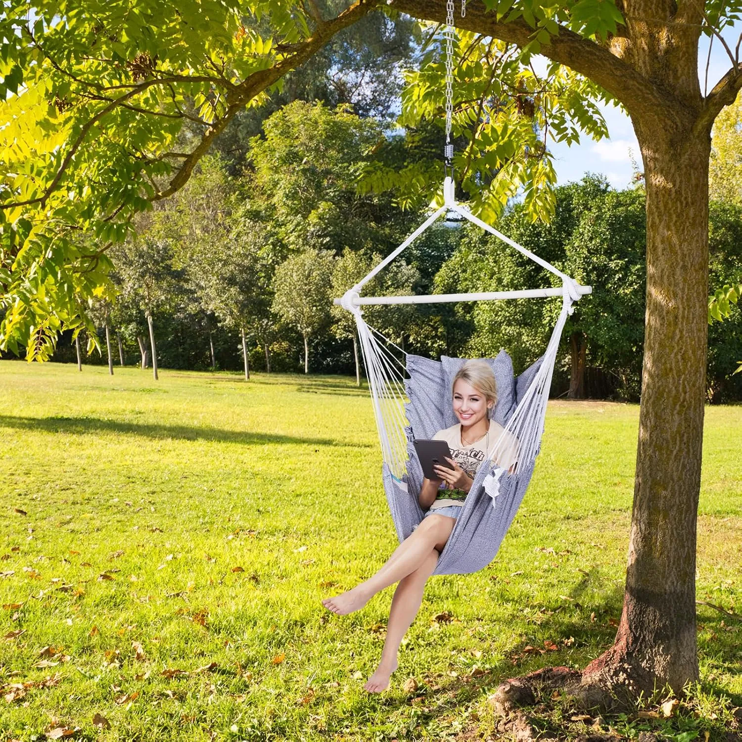 Backyard Expressions Hammock Chair Hanging Rope Swing Chair, 2 Pillows, Anti Slip Steel Spreader Bar