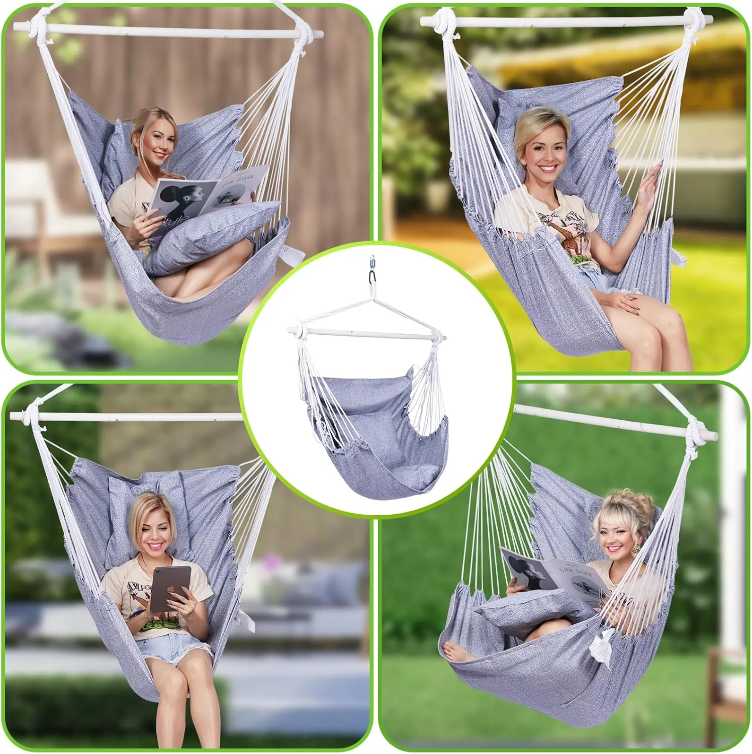 Backyard Expressions Hammock Chair Hanging Rope Swing Chair, 2 Pillows, Anti Slip Steel Spreader Bar