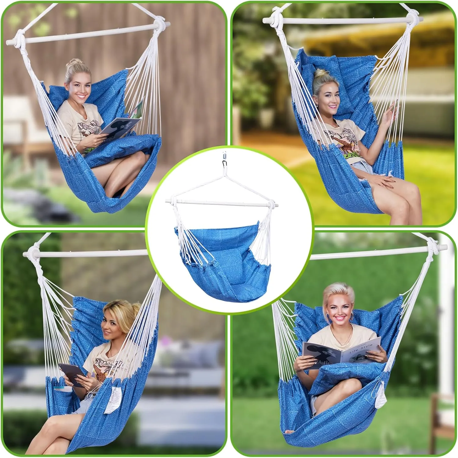 Backyard Expressions Hammock Chair Hanging Rope Swing Chair, 2 Pillows, Anti Slip Steel Spreader Bar