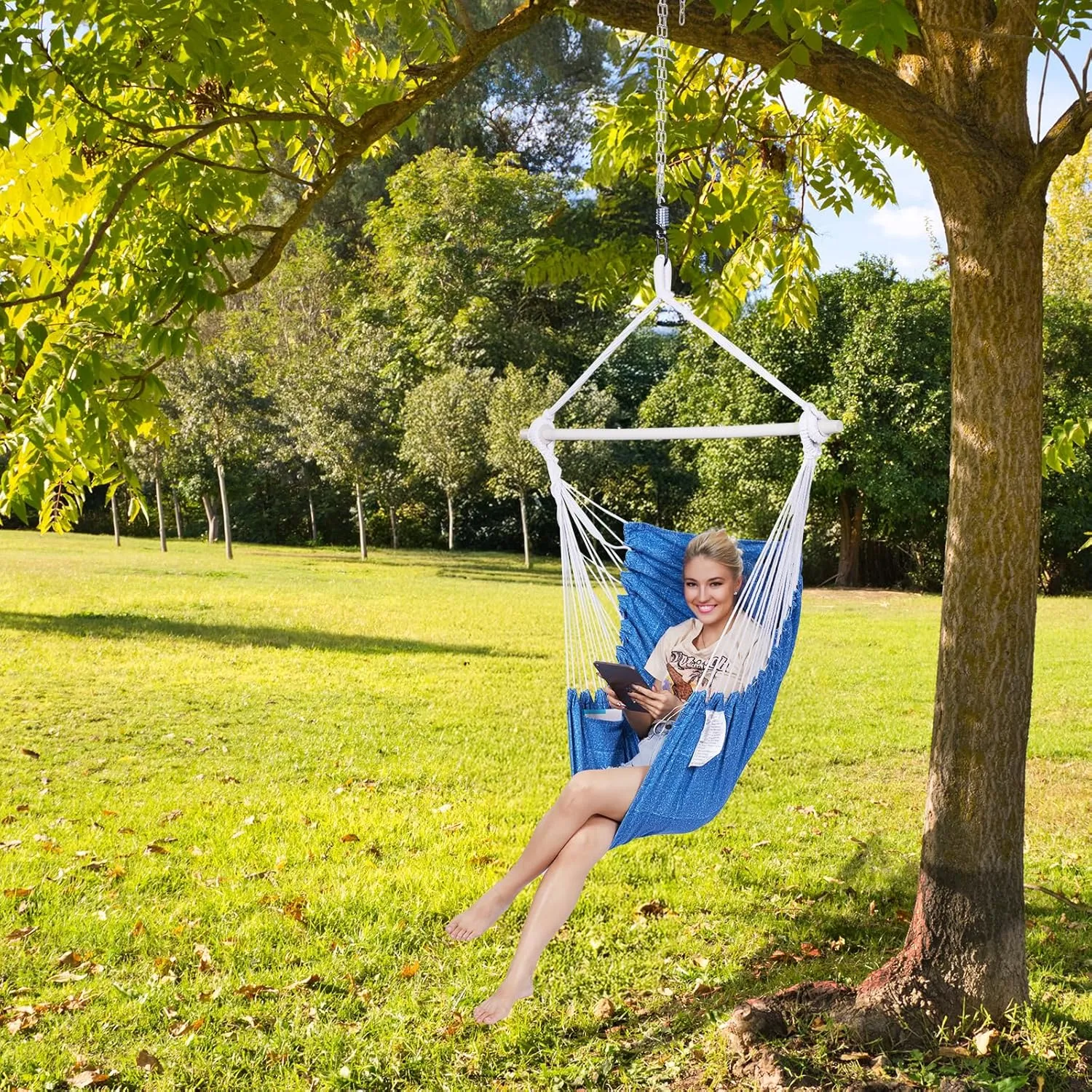Backyard Expressions Hammock Chair Hanging Rope Swing Chair, 2 Pillows, Anti Slip Steel Spreader Bar