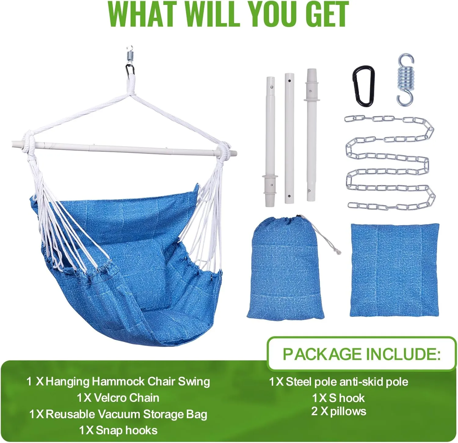 Backyard Expressions Hammock Chair Hanging Rope Swing Chair, 2 Pillows, Anti Slip Steel Spreader Bar