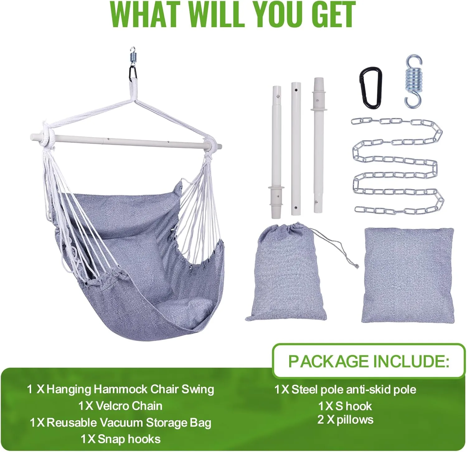 Backyard Expressions Hammock Chair Hanging Rope Swing Chair, 2 Pillows, Anti Slip Steel Spreader Bar